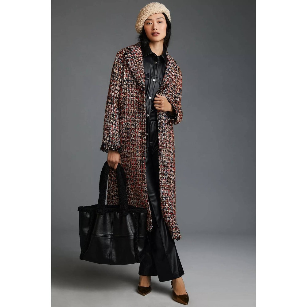 If By Sea Anthropologie Multi Color Tweed Longline Fringe Trim Coat S NEW NWT